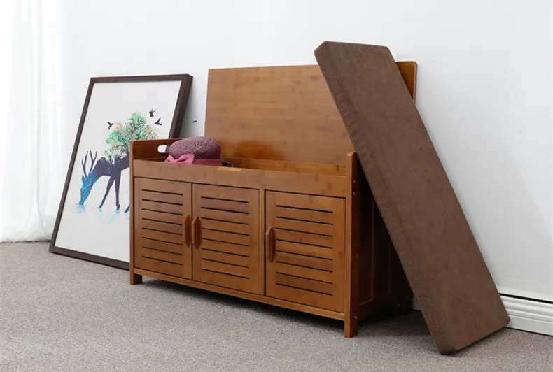 Natural Bamboo Shoe Cabinet Entryway Shoe Storage Household Shelf Shoe Bench with Cushion Bamboo Furniture Hallway Shoe Cabinet