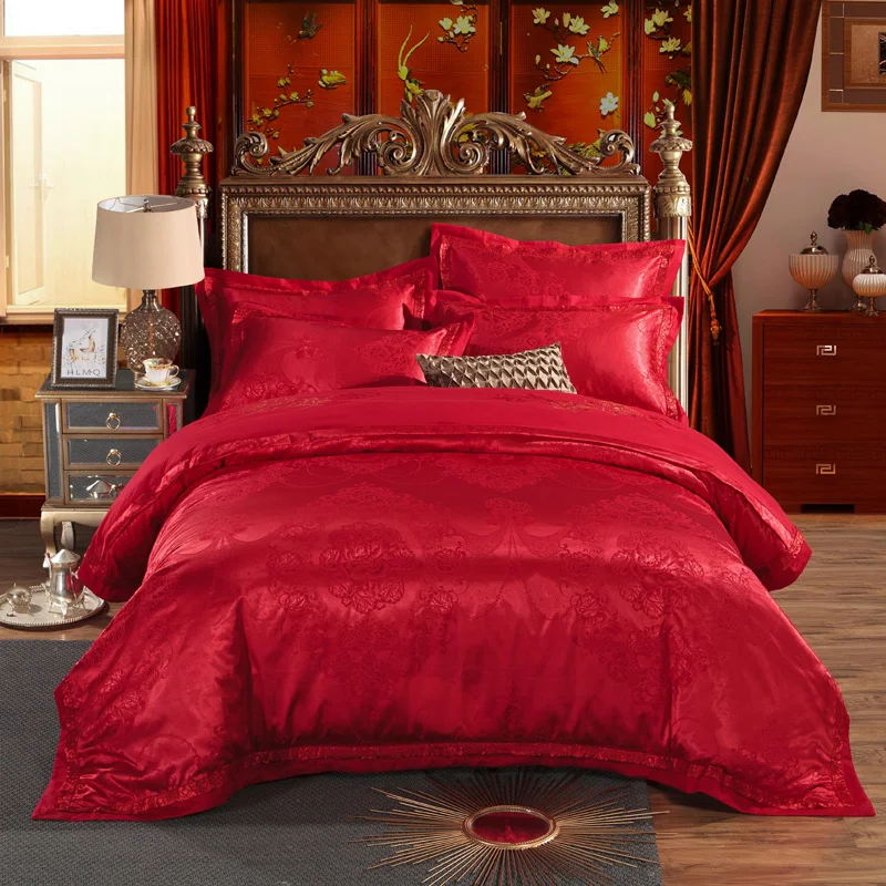 

2018 Chinese Red Flowers Bedding Set 4Pc Queen King Size Silk Cotton Jacquard Fabric Duvet Cover Flat Sheet Pillowcases