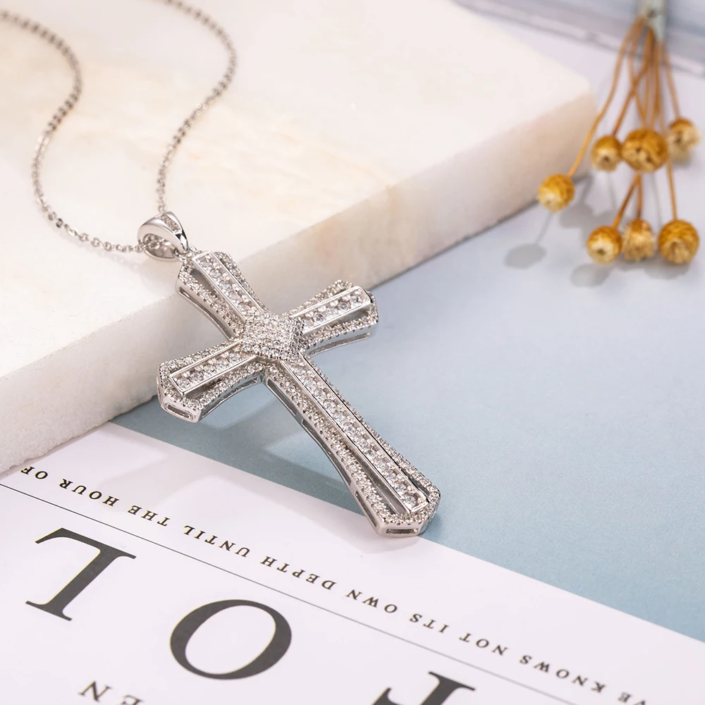 New 925 Silver Exquisite Bible Jesus Cross Pendant Necklace for women men Crucifix Charm Simulated Platinum Diamond Jewelry N021