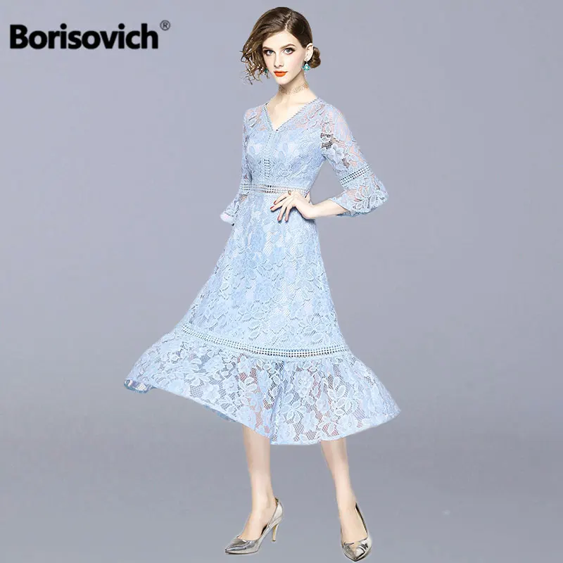 

Borisovich Women Casual Lace Long Dress New Brand 2019 Spring Fashion V-neck Flare Sleeve A-line Slim Ladies Party Dresses N533