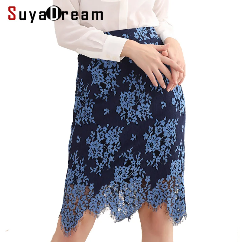 

Women package hip skirt Vintage Lace Skirt Two layers 100%Real Silk Liner Knee length Skirts 2018 Spring Dark blue