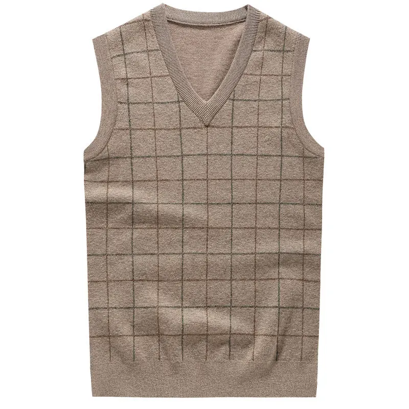 Winter Sleeveless Wool Sweater Casual Vest Men's Cashmere Pullover Large Plaid Vest Men V-Neck Sweaters Outerwear Male Vest - Color: BB8169 Beige