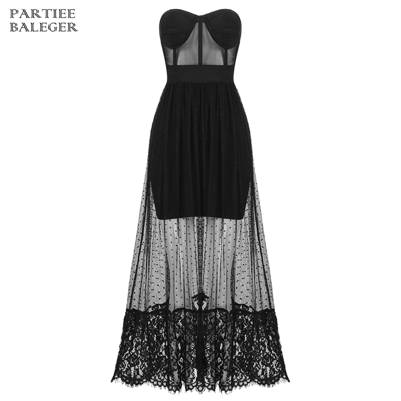 

2019 New Arrival Chic Ruffles Lace Sexy Sleeveless Strapless Backless Mesh Patchwork Celebrity Party Bandage Maxi Long Dress