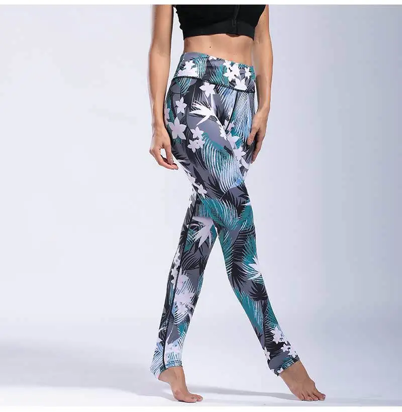 Women's Yoga Pants Side Pocket Ankle Length Pants Stretch Fitness Gym Tights Pants Flower Printed9
