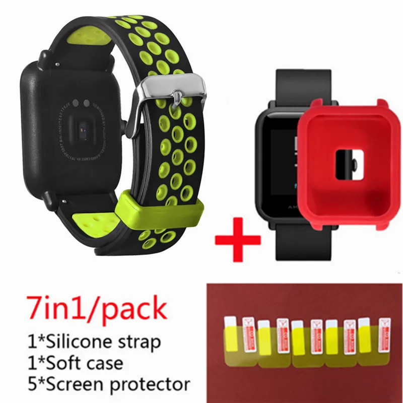 Для Xiaomi Huami Amazfit Bip Lightwei ремешок rhythm Lite young умные часы my braceket fit+ силиконовые полосы+ мягкий чехол+ 5 экранная пленка - Цвет: green 2