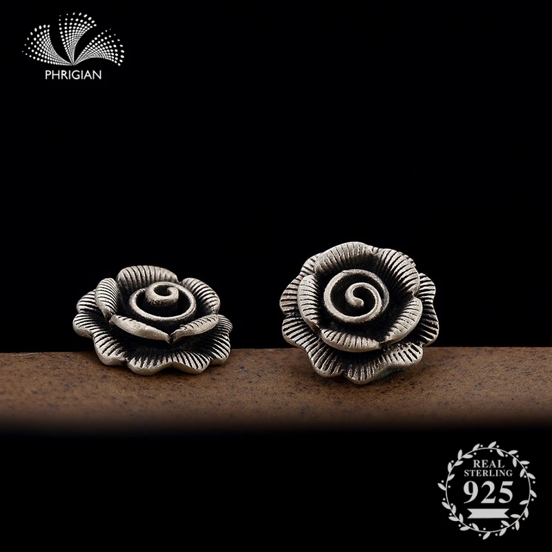 

NOT FAKE S925 Fine Jewelry Earrings Sterling Silver handicraft Antique store Vintage Natural Retro Exquisite 3D rose flower Thai