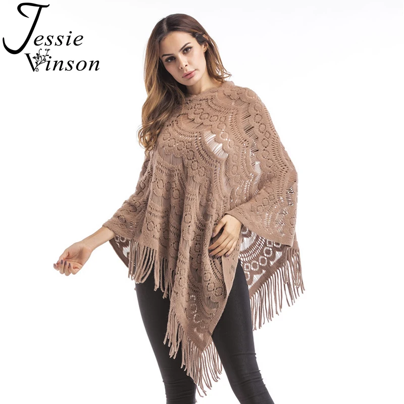 

Jessie Vinson Fashion Women Asymmetric Crochet Hollow Out Tassel Pullover Sweater Autumn Winter Cloak Cover Up Knitwear
