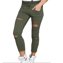 Female Trousers Women Hole leggings Ripped Pants Slim Stretch Drawstring Trousers Pants Army Green Pants