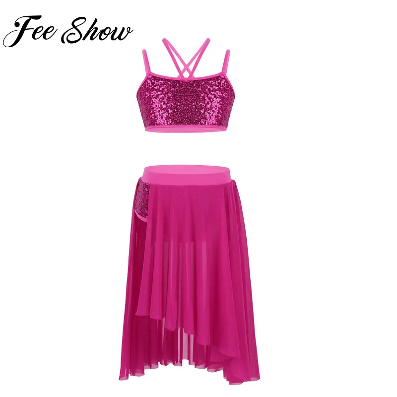 

FEEESHOW Girls Ballet Leotard Dress Asymmetric Chiffon Tulle Dance Dresses for Ballet Latin Lyrical Performance Stage Costumes