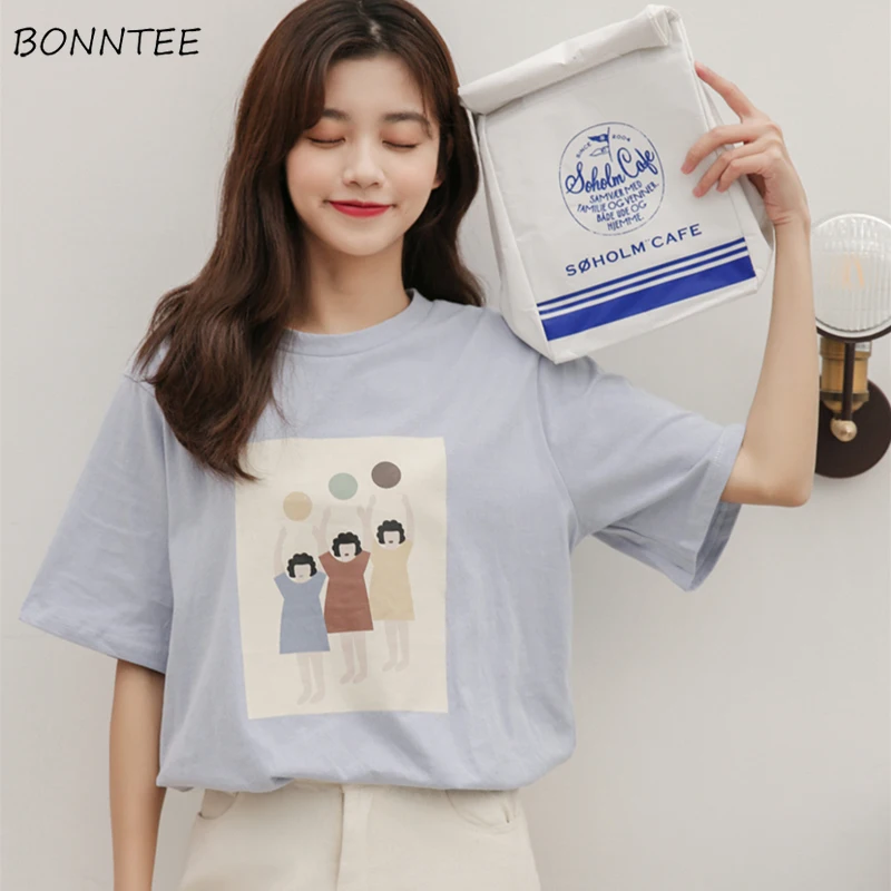 

T-shirts Women Summer Trendy Korean Style Loose Simple O-Neck Womens Cartoon Printed Short Sleeve All-match Student Tops T-shirt