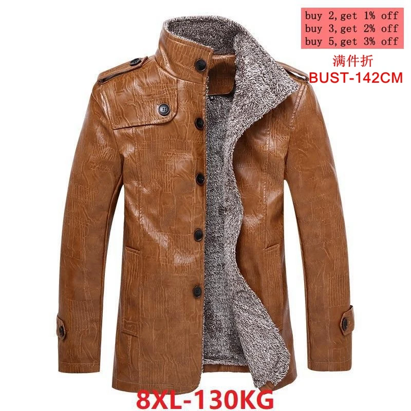 

Men's large size jacket 8XL imitation leather pu brown winter Parker coat fleece warm thick large size 6XL 7XL brown coat