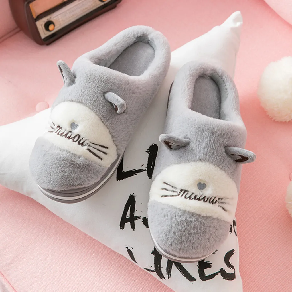 Plush Winter Home Slippers Men Indoor Bedroom Loves Couple Shoes Home Shoes Soft Warm Slippers Gray Pure color 7.22