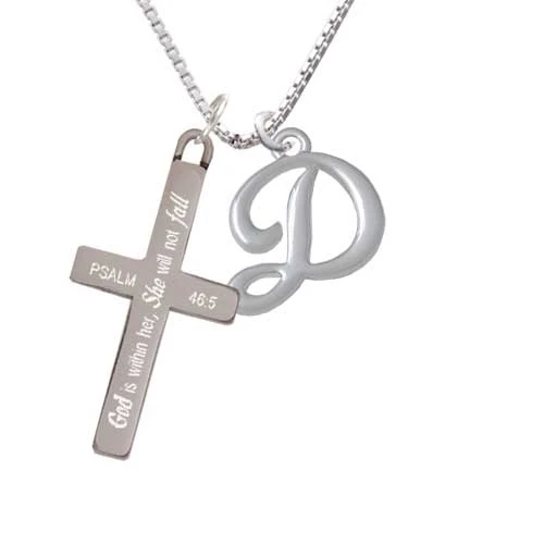 Small Gelato Script Initial - D - - She will not Fall - Cross Necklace (1)