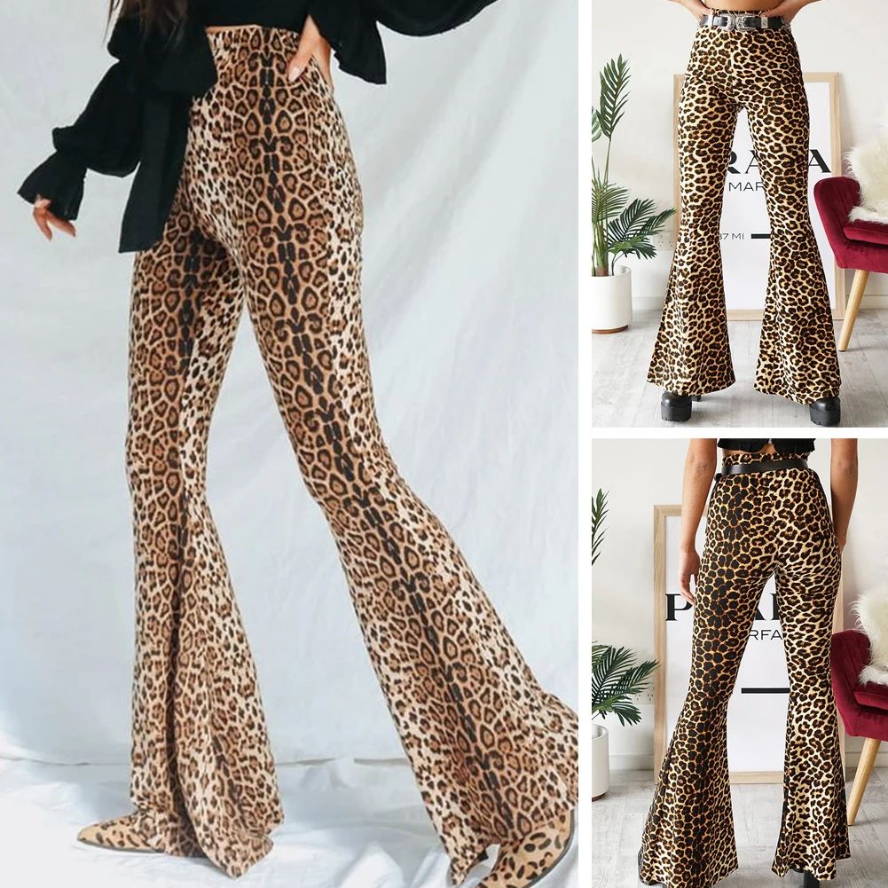 Женские модные сексуальные леопардовые с высокой талией широкие расклешенные повседневные женские брюки свободные Стрейчевые брюки-клеш