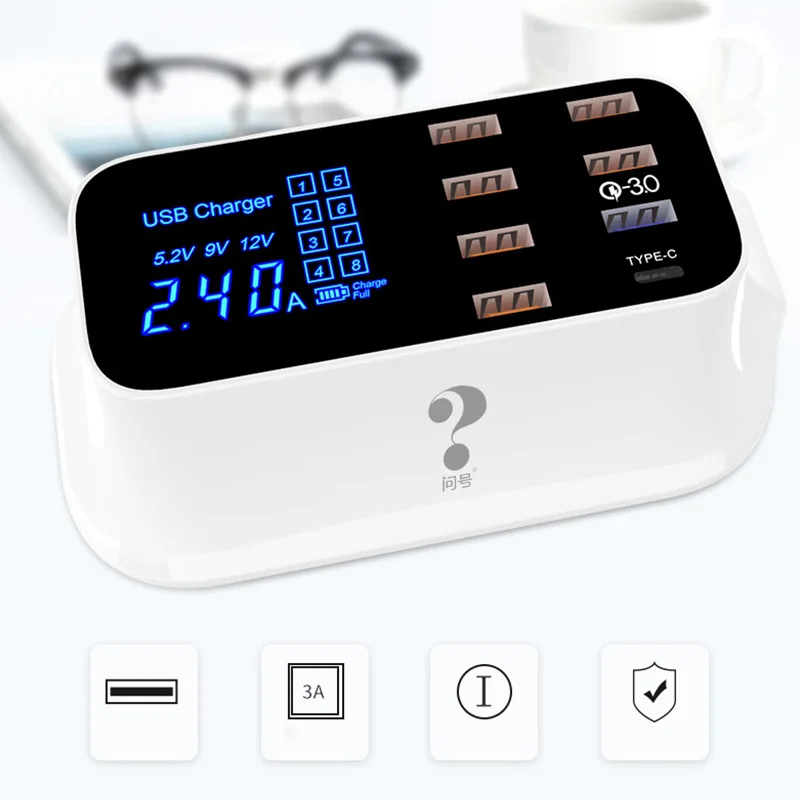 سريع شحن هاتف لوحي 8 ميناء USB ChargerQuick تهمة 3.0 الذكية USB نوع C وحدة شاحن Led عرض ل فون سامسونج