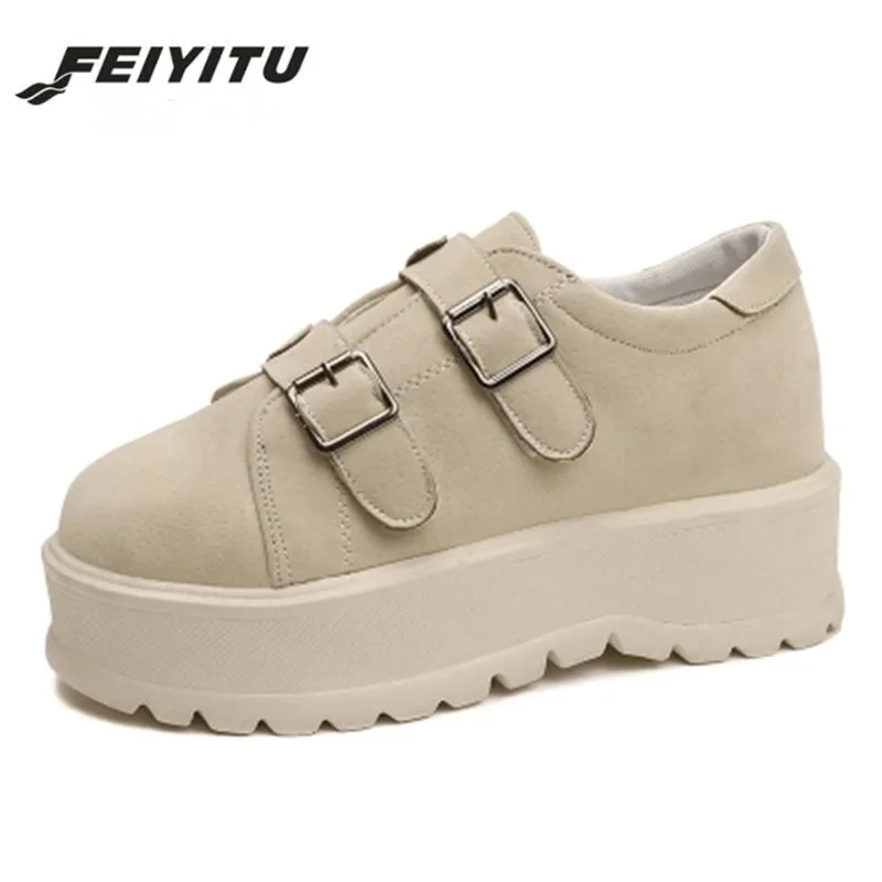 

FeiYiTu Round Toe Platform Casual Flats Shoes Lace Up Woman Pitchwork Creepers Women Flats Shoes Size 35-39 Black Green Brown