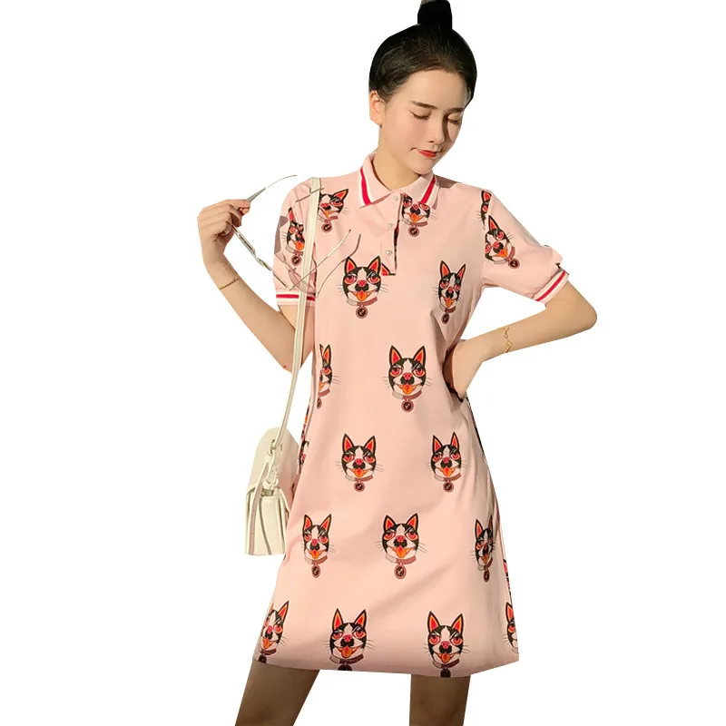 

2018 Women Fashion Fall Short Sleeve Long T-shirt Cartoon dog head print Korean slim lapels long T-shirt