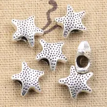 Pingente com estrela de starfish, pingente de contas de buraco grande de 4.5mm, 15 peças 13x7x12mm, cor prata antiga pulseiras encantadoras por atacado