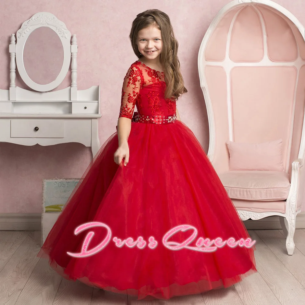

2017 New Flower Girl Dresses Red Ball Gown Beading Belt Half Sleeves O-neck Formal Communion Gowns Vestidos De Primera Comunion