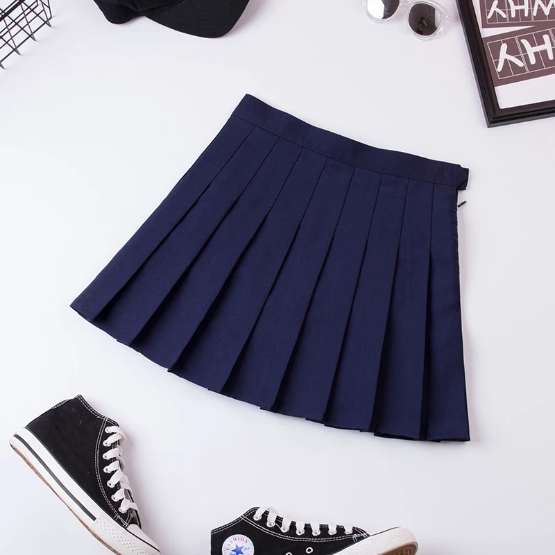 Sexy Womens Pleated Mini Skirt Schoolgirl Short Dress Cosplay Club Costume Solid Color Mini Skirts Faldas Mujer Moda plus size - Цвет: Синий