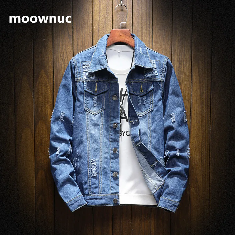 

2018 New hot sale men's Spring Autumn coats Men Denim jacket Blue cotton dress Mens Jean jackets Plus size M-5XL hole coat men