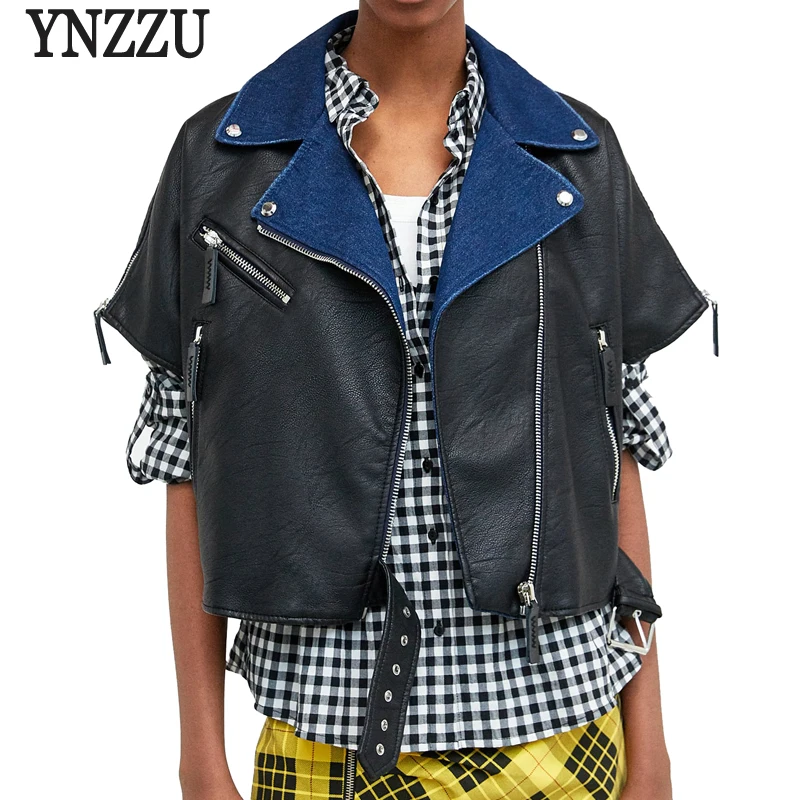 

YNZZU New Design 2018 Autumn Denim Patchwork Women Leather Jacket Coat Chic Short Sleeve Loose PU Female Jacket Streetwear YO604
