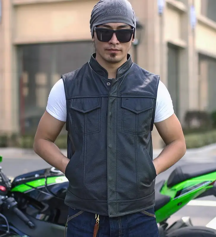 

Handmade Men's Genuine Leather Motorcycle Vest Stand Collar Single Breasted Cow Leather Biker Rider Vests Thick Strong