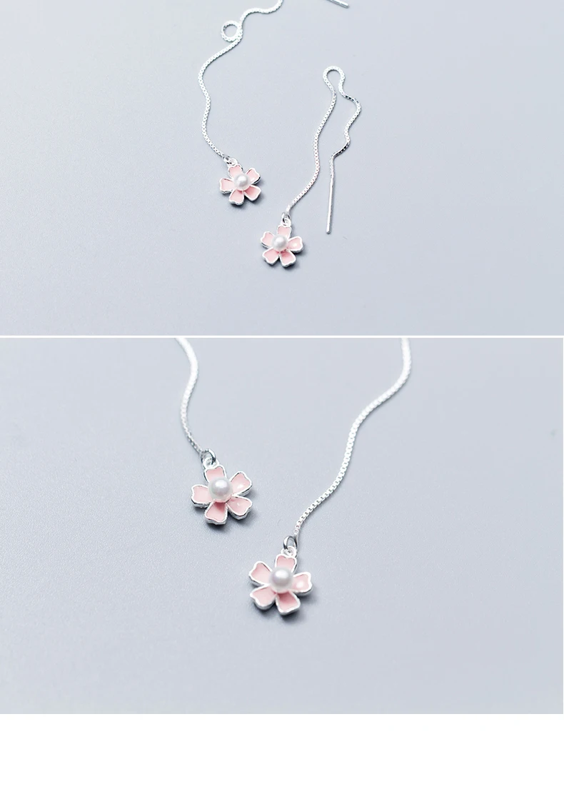 MloveAcc Стерлинговое Серебро 925 женские серебряные Серьги Корейская розовая вишня цветок жемчуг длинная цепочка Висячие ювелирные изделия