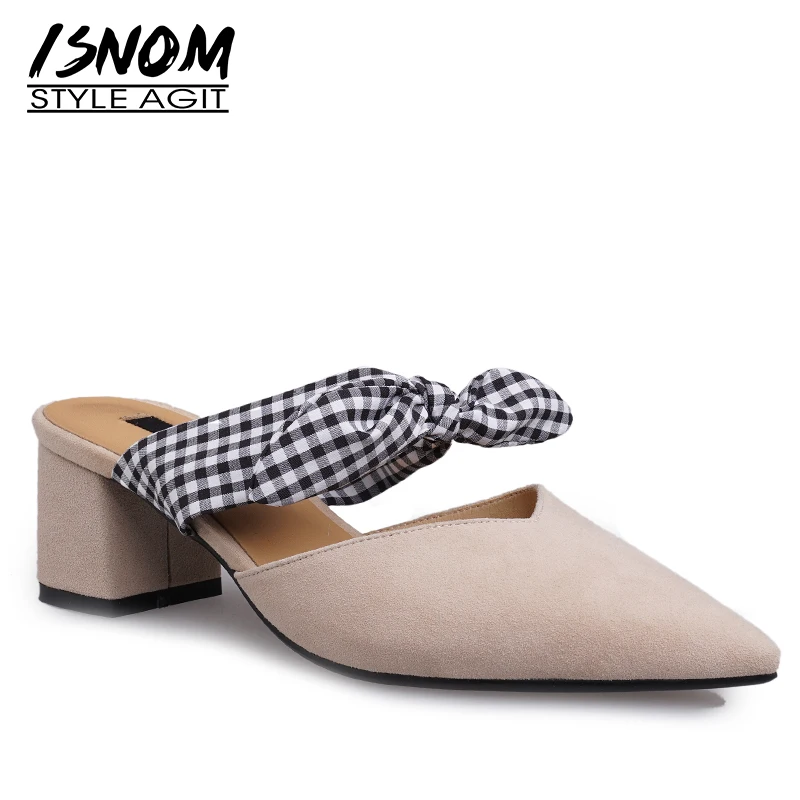 ISNOM Plaid Kid Suede Slippers Woman Pointed Toe Butterfly Knot Footwear High Heels Slides Shoes Female Mules Women Summer | Обувь