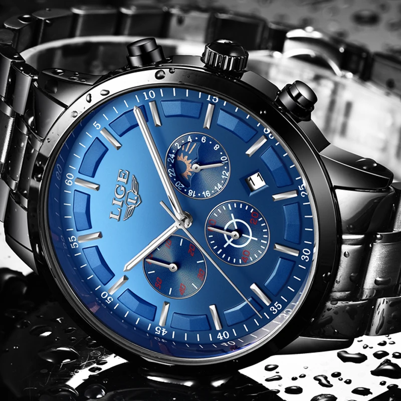 Mens Watches Moon Phase 2018 LIGE Chronograph Top Brand Luxury Fashion Mens Steel Military Waterproof Sport Quartz Watch relogio