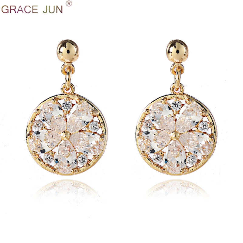 

GRACE JUN Top Quality AAA CZ Round Circle Flower Clip on Earrings and Pierced Earrings for Women Fashion Wedding Accessory New