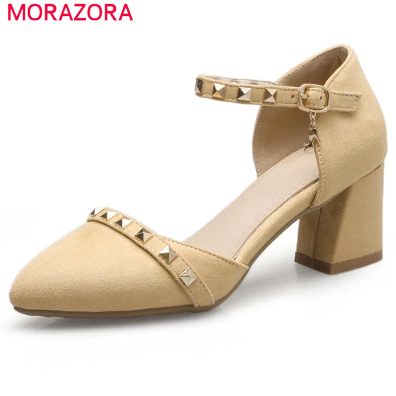

MORAZORA 2018 new arrival pumps women shoes rivet punk fashion shoes pointed toe summer shoes buckle square high heels shoes
