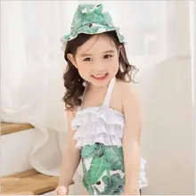 Детский купальник для девочек, детский слитный купальник с зелеными листьями и цветочным принтом, соединенный треугольник с шапочкой для плавания для девочек 2-12 лет