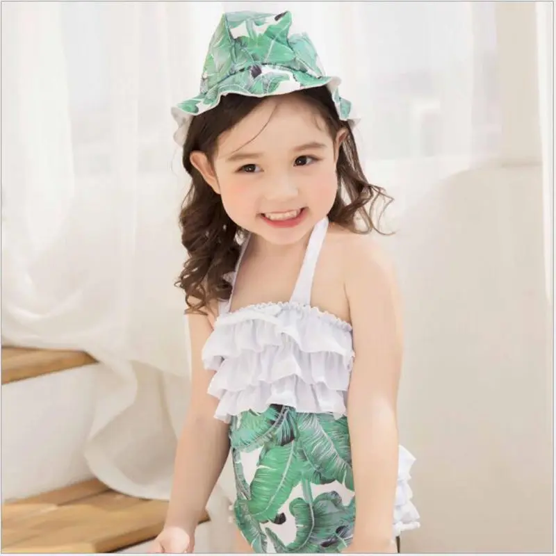 

New Children's Swimsuit Girl Baby Green Leaf Flower Printed Conjoined Triangle Swimsuit With Swimming Cap For 2-12-year Girls