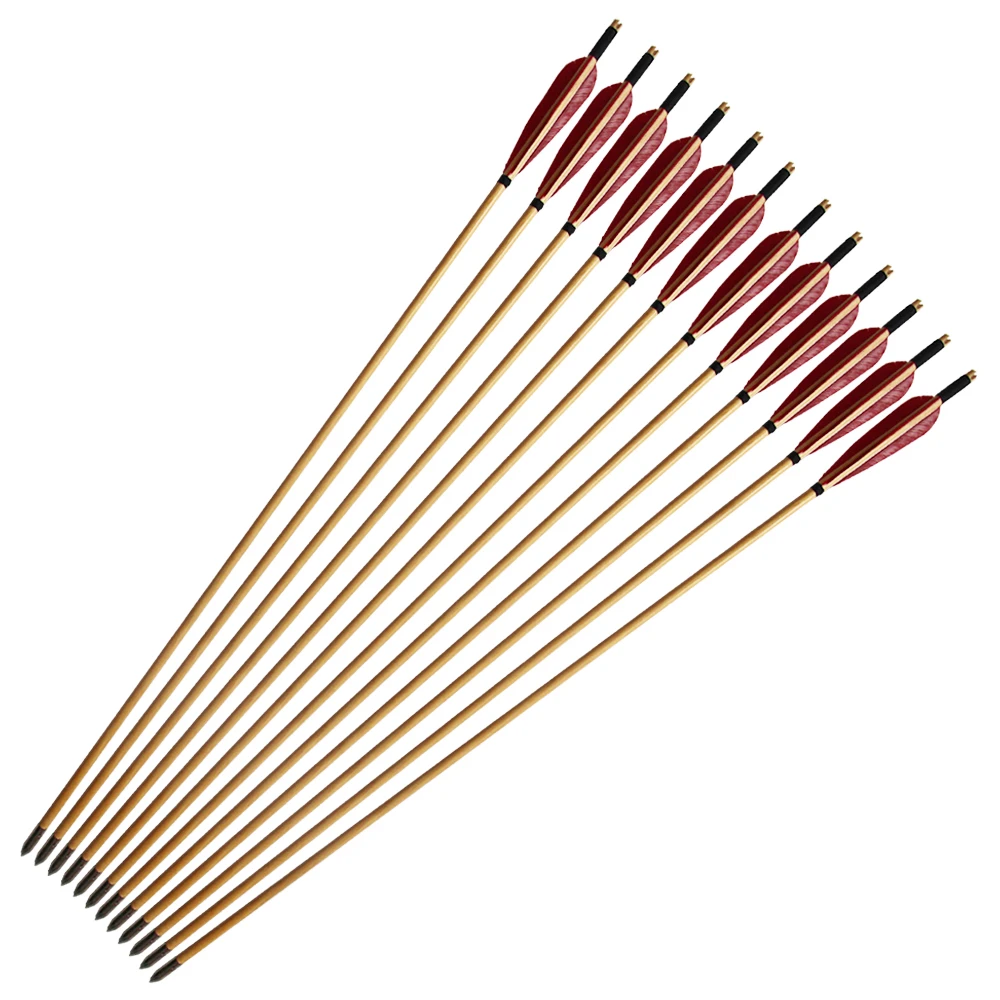 12pcs Handmade Wooden Arrows 33inch with Red Turkey Feather for 25