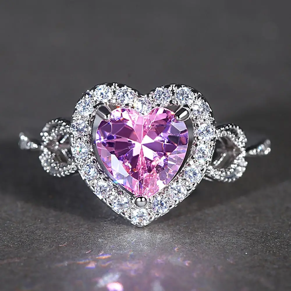 

Beiver Fashion Women White Gold Color Heart Pink Full Crystal Wedding Band Rings for Women Jewelry Rings Size 6 7 8 9