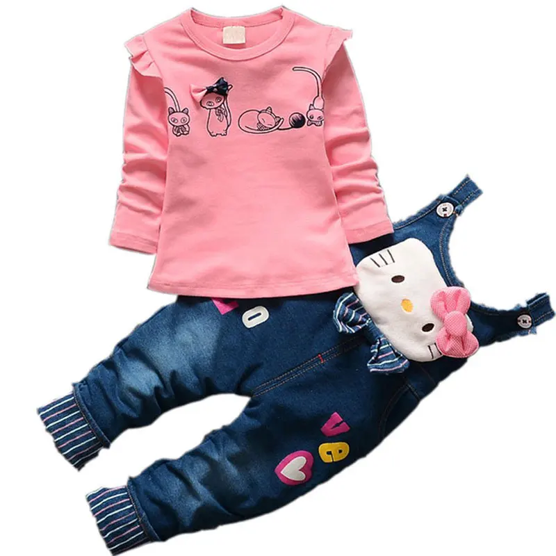 

Girls suit 2019 Children's Long Sleeve Printing T-Shirt + Hello Kitty Jeans Casual 2pcs Mickey Cartoon 2 3 4 years Kids Clothing