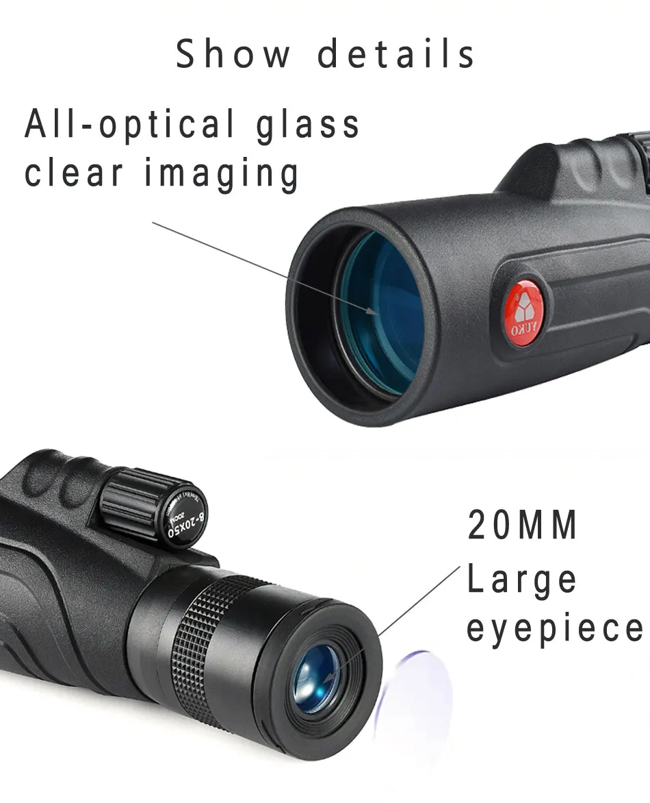 Zoom de Alta Todo o Vidro Yuko Monocular Telescópio Potência Óptico Foco Fmc Bak4 Prisma Caça Acampamento 8-20x50 15 potência todo o vidro óptico foco monocular