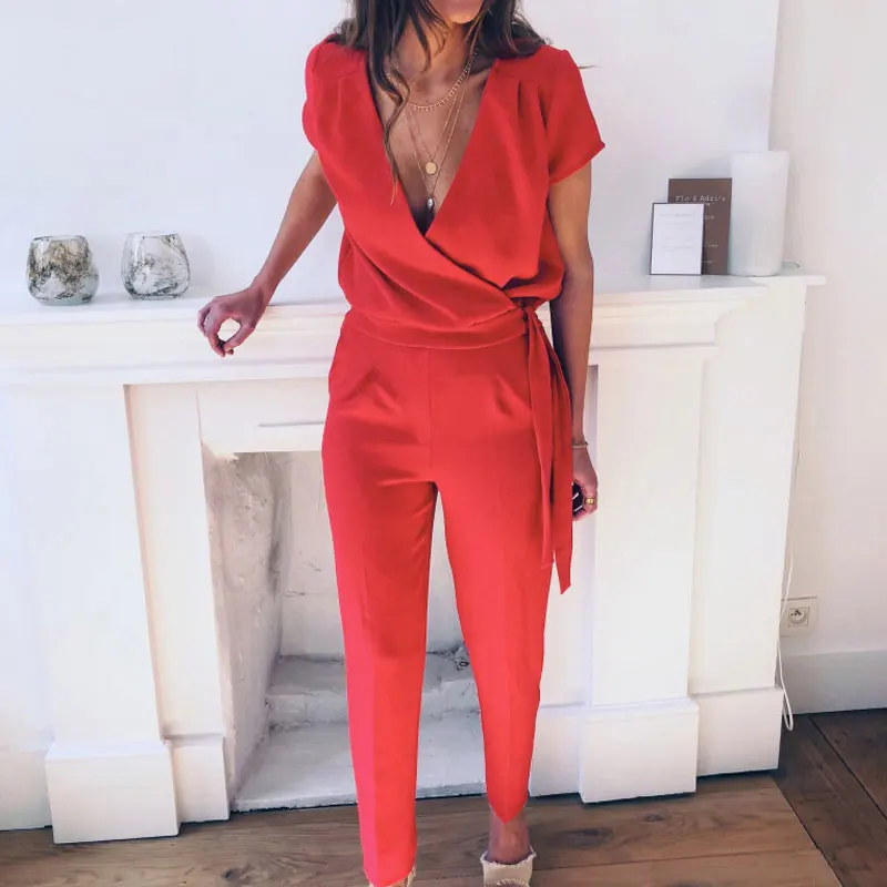 

2019 Summer V-neck Jumpsuit Women Long Jumpsuit Female Short Sleeve Jumpsuit Romper Ladies Lace Up Fashion Loose Jumpsuit