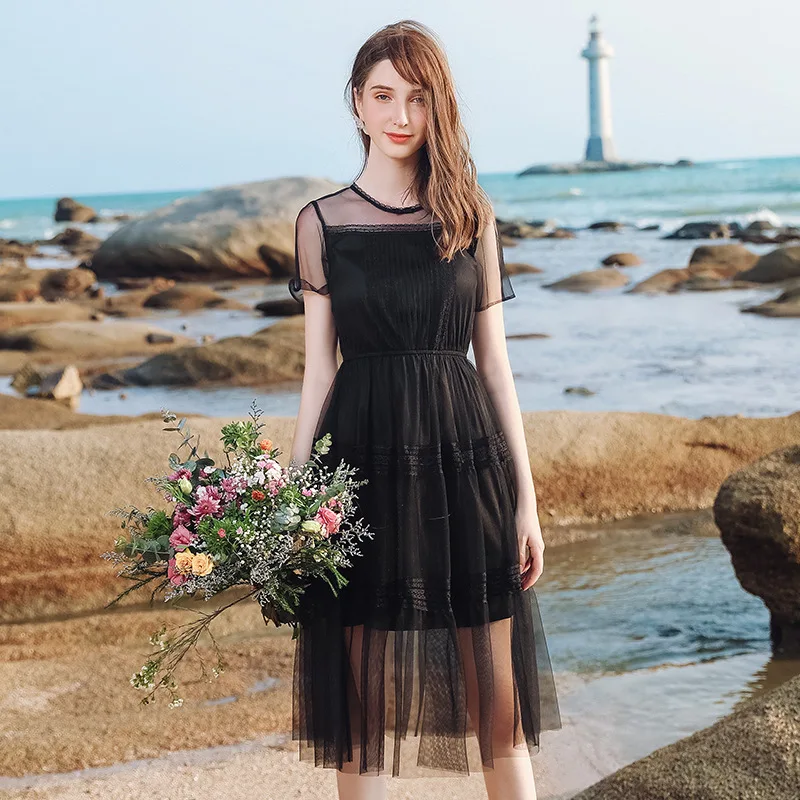 High Quality Big Brand 2019 Summer Women's Clothes Dress Sexy Thin
O-neck Mesh A Word Dress Female's Clothing