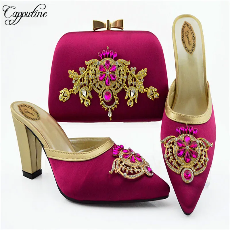 Capputine в нигерийском стиле; красивые женские туфли с кристаллами и сумочка в комплекте; модные вечерние туфли на высоком каблуке в африканском стиле; комплект из обуви и сумки