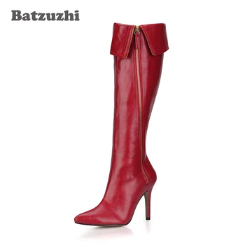 

Batzuzhi-Handmade Fashion Red Leather Women Boots Shoes Zip Side Pointed Toe 9.8cm Women Sexy Party Winter Boots Long, Big Size