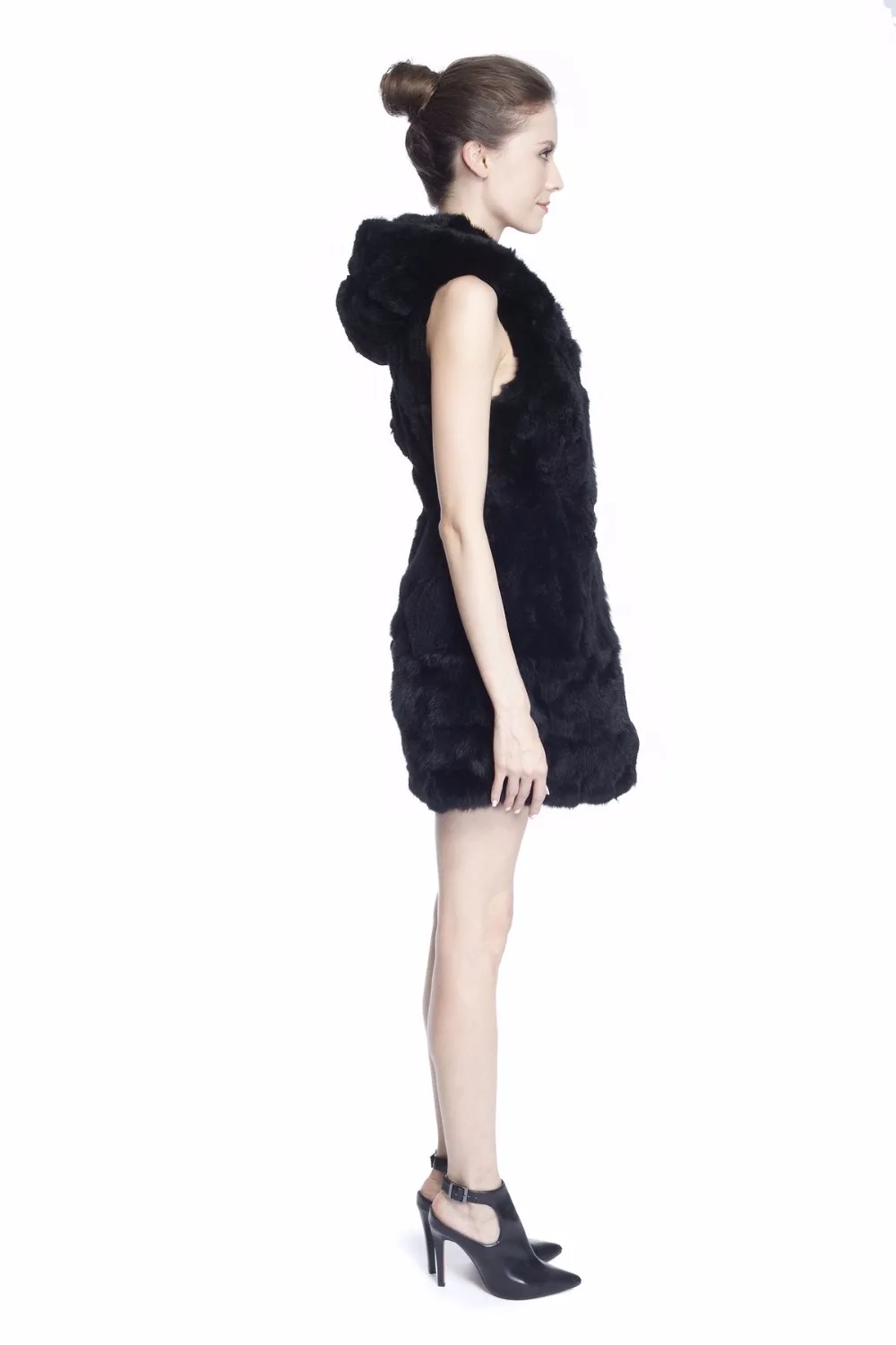 black puffer ZY88012 Women Elegant Real Winter Rex  Rabbit Fur With Hooded Long Fur Vest Waistcoat Gilet Slim Fur Vest petite long puffer coat