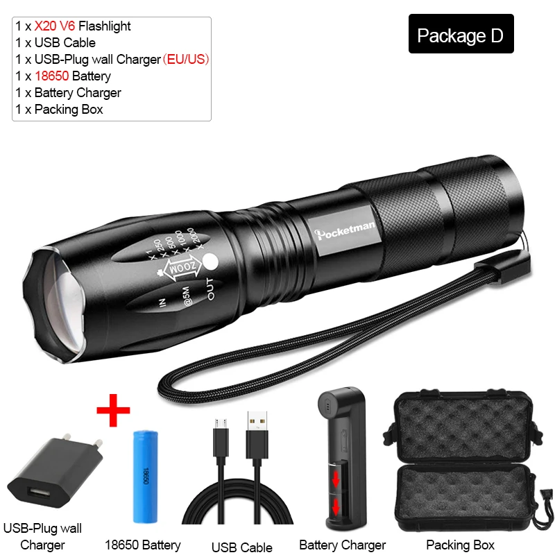 Мощный фонарик XHP70.2 светодиодный фонарь USB светодиодный фонарик с перезаряжаемой батареей 18650 для кемпинга и рыбалки - Испускаемый цвет: Package D