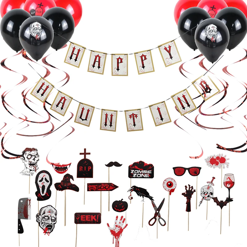 

45pcs/set Halloween Decoration Prop Latex Balloons Dangling Swirls Bunting Banners Paper For Kids Halloween Party Supplies
