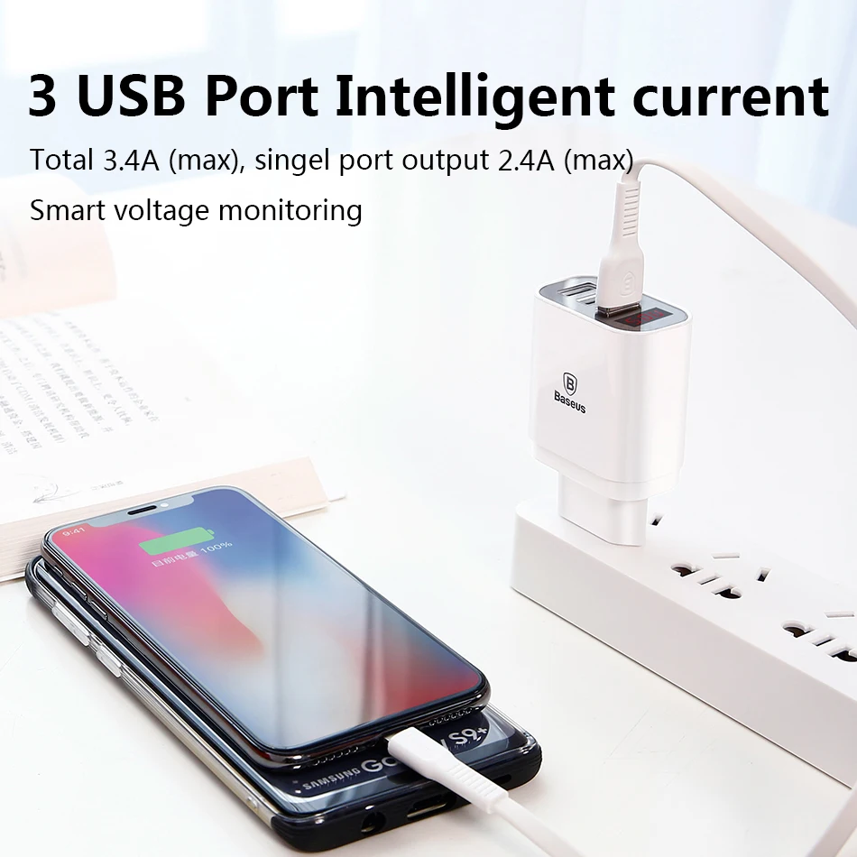 Светодиодный дисплей 3 USB зарядное устройство, Baseus USB ЗУ для мобильного телефона Быстрая зарядка настенное зарядное устройство для iPhone samsung Xiaomi 3.4A Max зарядное устройство