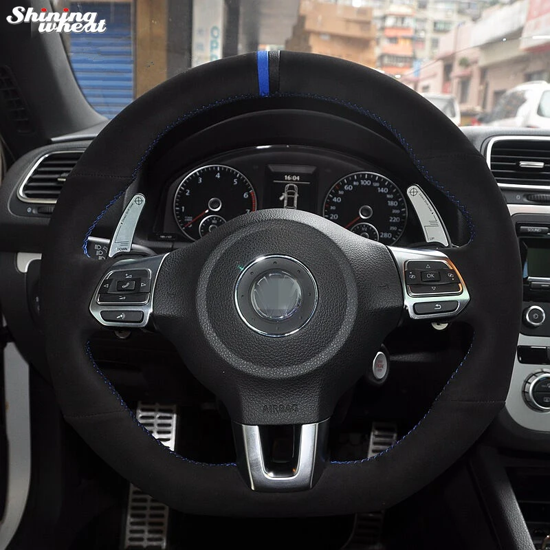 

Черная замша синий черный маркер чехол рулевого колеса автомобиля для Volkswagen Golf 6 GTI MK6 VW Polo GTI Scirocco R Passat CC R-Line
