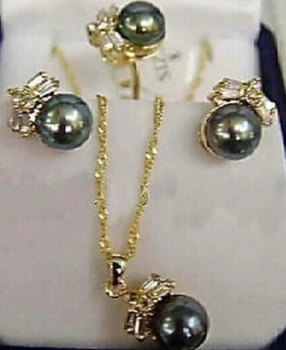

Free shipping $wholesale_jewelry_wig$ CHARMING Black Pearl Earring Ring & Necklace Set