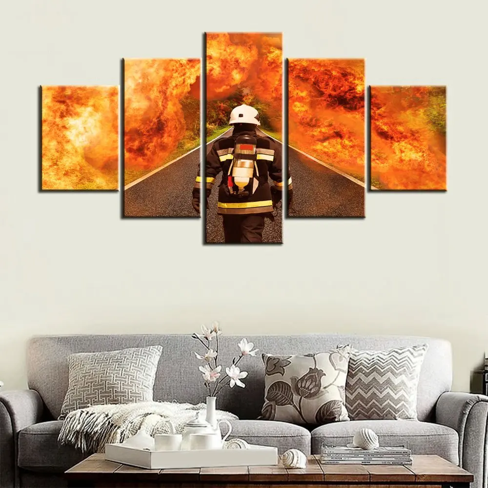 5 Panel Fire Rescue Theme Canvas Painting Wall Art about Firefighter