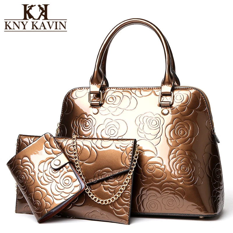

KNY KAVIN PU Leather Women Bags Set Floral Print Women Handbags Purse Clutch 3Pcs Set Composite Messenger Bag Luxury Tote Sac